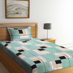 Arrabi Green & Black Geometric 300 TC Single Bedsheet with 1 Pillow Covers-picture-41