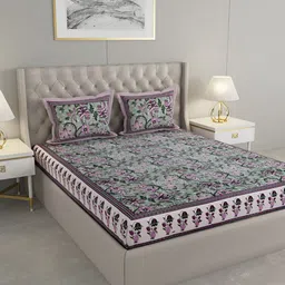 Wayne Martin Olive Green & Pink Floral Cotton 330 TC King Bedsheet With 2 Pillow Covers-image-51