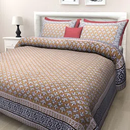Texstylers Gold-Toned & Blue Floral Cotton 144 TC Queen Bedsheet with 2 Pillow Covers-picture-24