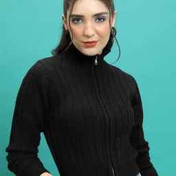 Tokyo Talkies Ribbed Slim Fit High Neck Crop Acrylic Cardigan Sweater-image-2