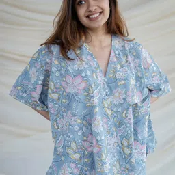 THE INDIAN ETHNIC CO Floral Print Kimono Sleeve Block Print Cotton Shirt Style Top-picture-21