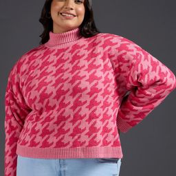 20Dresses Plus Size Pink Geometric Printed Turtle Neck Acrylic Pullover Sweater-picture-20