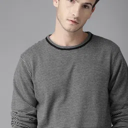 Roadster Men Grey Melange & Black Striped Pullover Sweater-picture-22