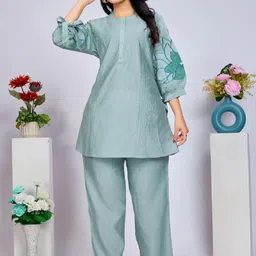 Kaftanize Floral Sequins Pin Tucks Tunic With Trousers-picture-39