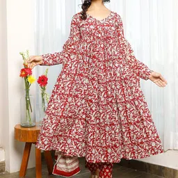 PHEETA Women Red Floral Printed Layered Pure Cotton Kurta with Trousers & With Dupatta-picture-25