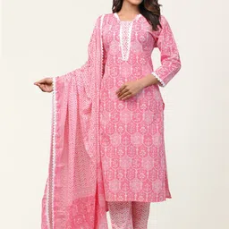FERANOID Women Pink Floral Embroidered Pure Cotton Kurta with Trousers & Dupatta-picture-28