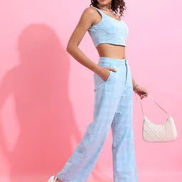 Tokyo Talkies Blue Pure Cotton Checked Crop Top With Trousers-image-67