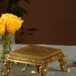 Two Moustaches Gold-Toned Brass Elephant Pillar Swastika Pooja Chowki-image-70