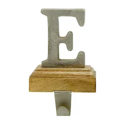 Hind Decor Silver-Toned & Brown Aluminum 'E' Letter Wooden Base Stocking Holder-picture-8