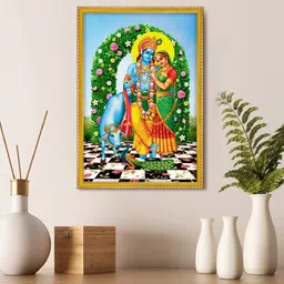 999Store Blue & Green Radha Krishna With His Cow And Flute Photo Wall Art-image-10