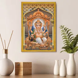 999Store Beige & Orange Colored Lord Ganesha Photo Painting Wall Art-image-64