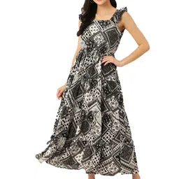 DressBerry Black & White Geometric Printed Flutter Sleeve Georgette Fit & Flare Dress-picture-6