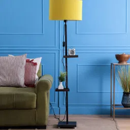 sanded edge Katana Yellow Fabric Shade Shelf Floor Lamp With Wood Base image 2