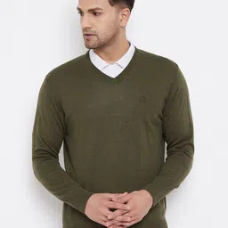 98 Degree North Men Olive Solid V Neck Full Sleeves Sweater-picture-20