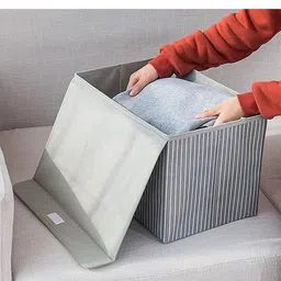 HOUSE OF QUIRK Set Of 3 Grey Striped Foldable Fabric Storage Organiser With Lid image 2