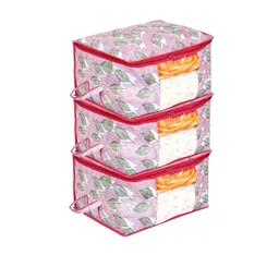 Kuber Industries Pink 3 Pieces Leafy Printed Non woven Blanket Organizers image 4