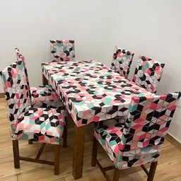 ohello 6Pcs White & Pink Printed Elasticated Fitted Chair Covers With Table Cover image 4