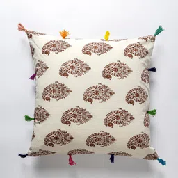 Contrast Living Cream-Coloured & Brown Ethnic Motifs Square Cotton Cushion Cover image 2