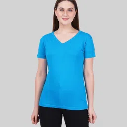 fleximaa Women Solid V Neck Pure Cotton Blue T-Shirt image 1