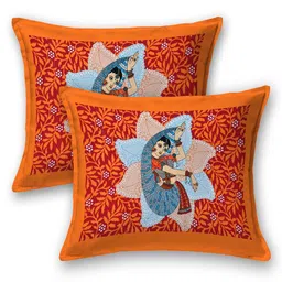 UNIQCHOICE Orange & Blue Ethnic Motifs Cotton 120 TC Queen Bedsheet with 2 Pillow Covers image 2