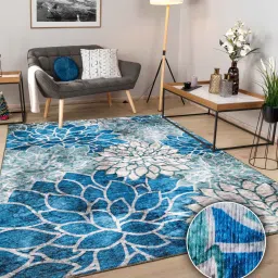 kaleen india Blue Floral Polyester 6' X 9' Machine Made Carpet image 1