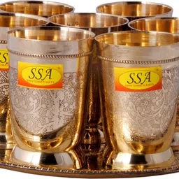 shivshakti arts Pure Brass Glass Set With Plate Serving Purpose - Drinkware - Dinnerware, Tableware (Embossed Karvi Design, 7 Glass In 1 Plate Set) Glass Tray Set-picture-20