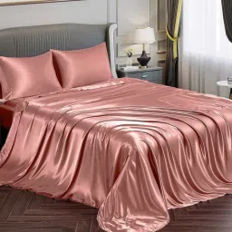 coolbeds Pink Solid 400 TC Satin Queen Fitted Bedsheet with 2 Satin Pillow covers image 1
