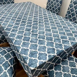 ohello 6Pcs Blue Printed Elasticated Fitted Chair Covers With Table Cover image 5