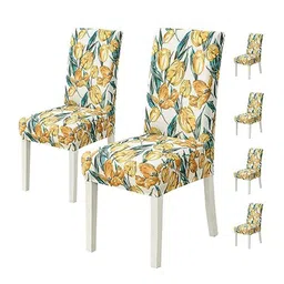 HOUSE OF QUIRK 6-Pcs White & Orange Floral Print Removable Elastic Chair Covers image 3
