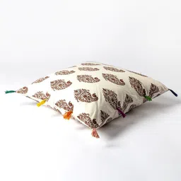 Contrast Living Cream-Coloured & Brown Ethnic Motifs Square Cotton Cushion Cover image 3