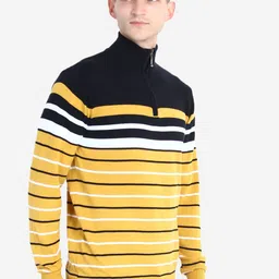 JoE Hazel Men Yellow & Black Striped Pullover with Zip Detail image 2