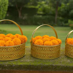 sumora enterprises Premium Golden Basket Set of 3 metal – Traditional Pooja & Gifting Décor Iron Flower Basket-picture-34