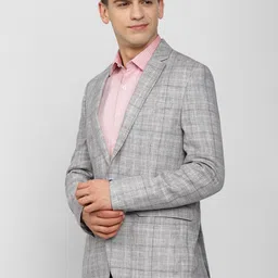 Peter England Elite Men Grey Checked Single-Breasted Formal Blazer image 3