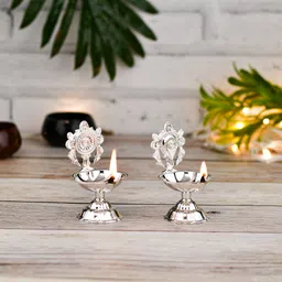 t-ka108 Elegant German silver oil lamp set for puja with Shanku-Chakra. Brass (Pack of 2) Table Diya Set-picture-12