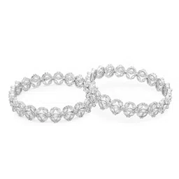 Yellow Chimes Set of 2 Silver Toned White American Diamond Studded Floral Designed Bangles image 4