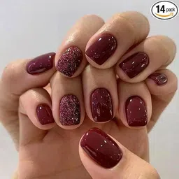bellahugz Press-On Nails Set, Short Square Maroon with Silver Glitter, With Free Glue Kit-picture-22