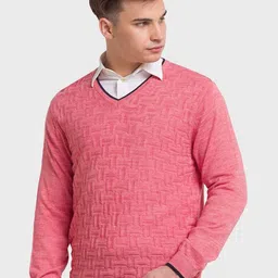ColorPlus Men Red Ribbed Pullover image 3