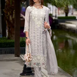 indo era Women Net Kurta Pant Dupatta Set image 5