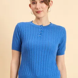Women Self Design Round Neck Cotton Blend Light Blue T-Shirt-image-56