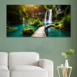 nestroots Canvas Framed Enchanting Waterfall with Scenic Bridge Wall Painting(18X36 Inch)-picture-21