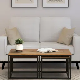 woodsworth from pepperfry Walond Solid Wood Nesting Coffee Table Set in Natural Finish With Stools image 1