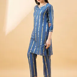 Anouk Blue Striped Straight Kurta with Trousers image 2