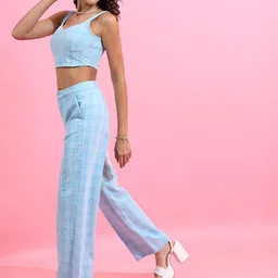 Tokyo Talkies Blue Pure Cotton Checked Crop Top With Trousers image 4