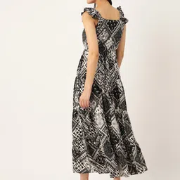 DressBerry Black & White Geometric Printed Flutter Sleeve Georgette Fit & Flare Dress image 2