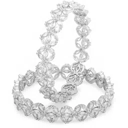 Yellow Chimes Set of 2 Silver Toned White American Diamond Studded Floral Designed Bangles image 2