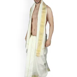 Exotic India Men Art Silk Dhoti With Angavastram image 5