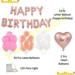 bash n splash Solid Princess Rose Gold Happy Birthday Party Decoration Pack with Heart Balloon and 50 latex balloon with light (Pack of 66) Balloon image 2