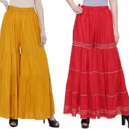 tnq Pack of 2 Women Regular Fit Yellow, Red Cotton Blend Trousers-picture-10