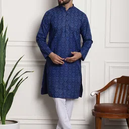 SOJANYA Men Navy Blue Ethnic Motifs Printed Kurta with Churidar image 5
