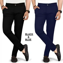 style sync Pack of 2 Men Regular Fit Black, Blue Lycra Blend Trousers-picture-14